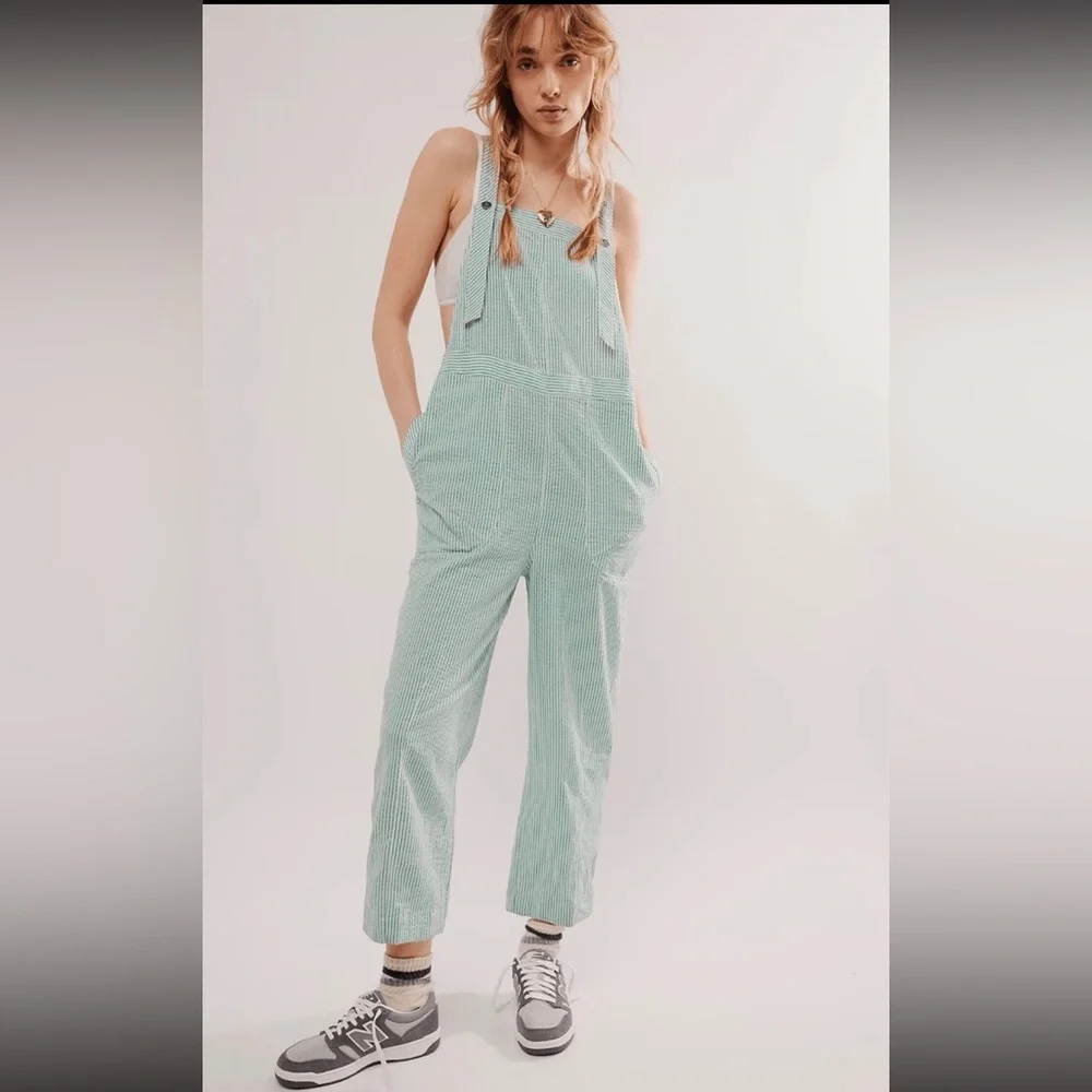Free People Salopette In Town Green Striped Overalls Size Small New - Picture 1 of 10